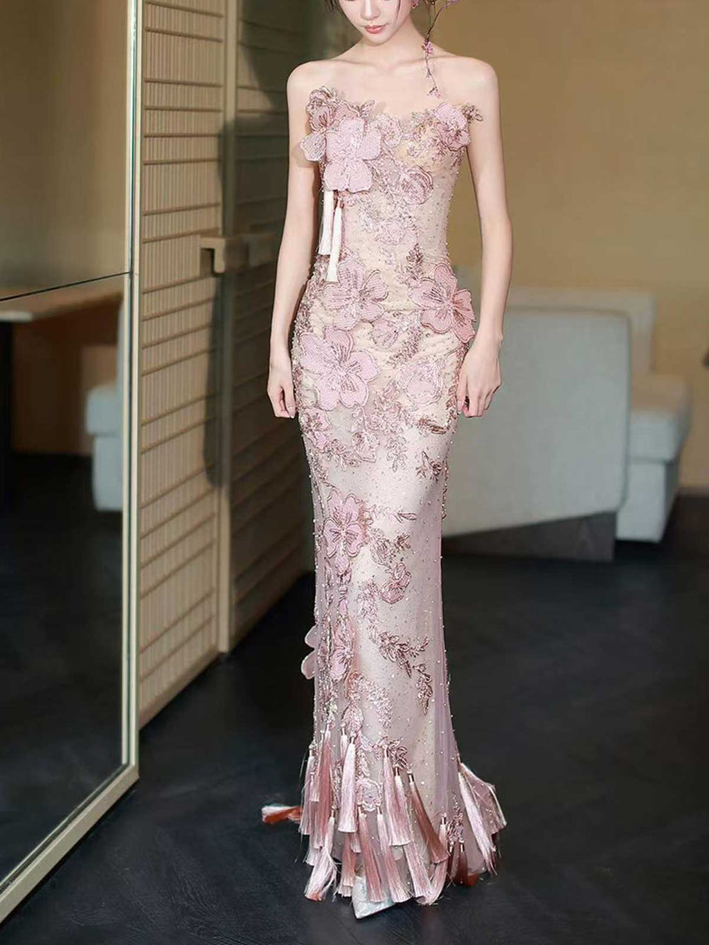 Blush Pink Strapless 3D Floral Mermaid Evening Gown with Tassels