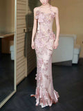 Blush Pink Strapless 3D Floral Mermaid Evening Gown with Tassels
