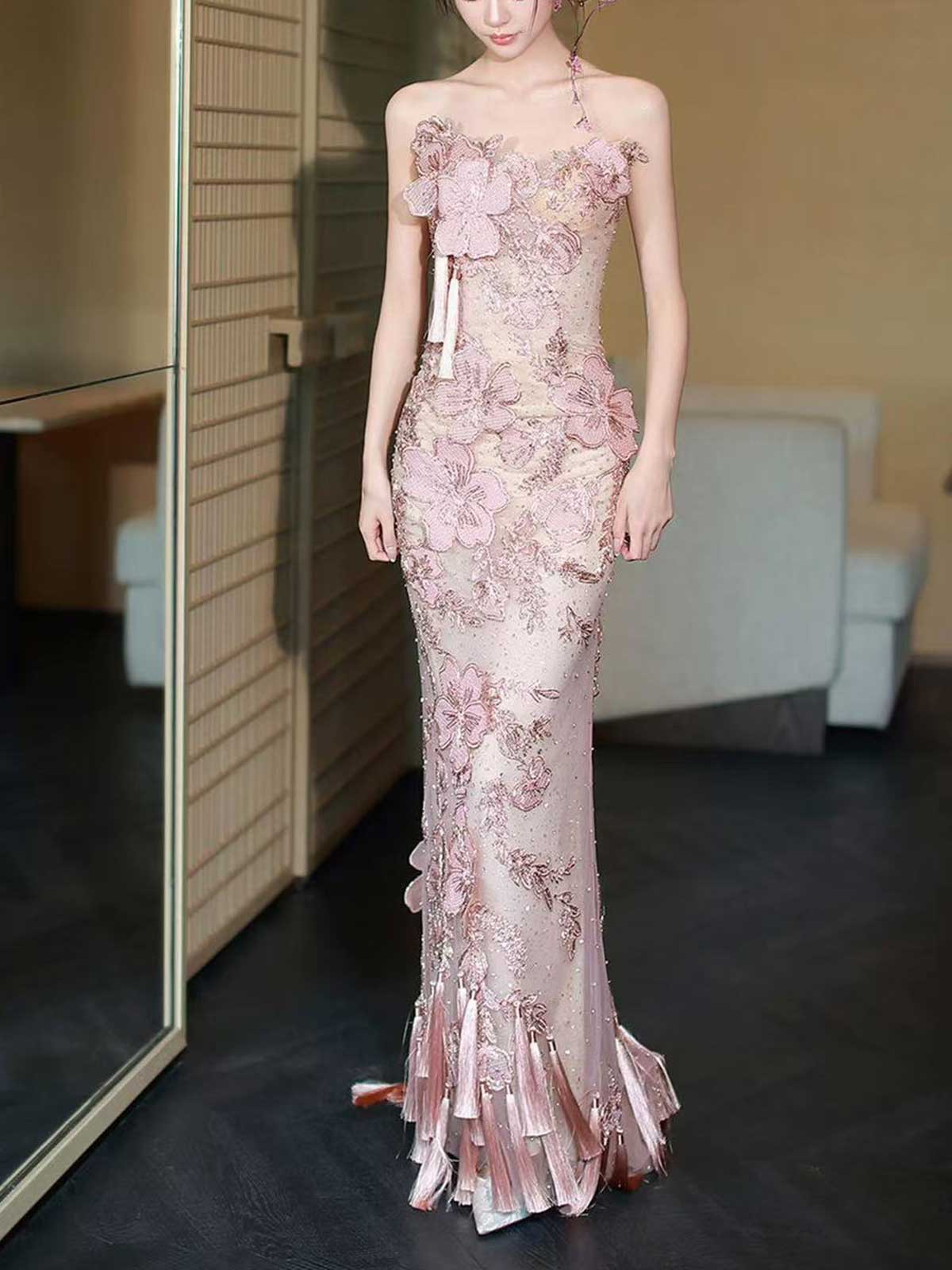 Blush Pink Strapless 3D Floral Mermaid Evening Gown with Tassels