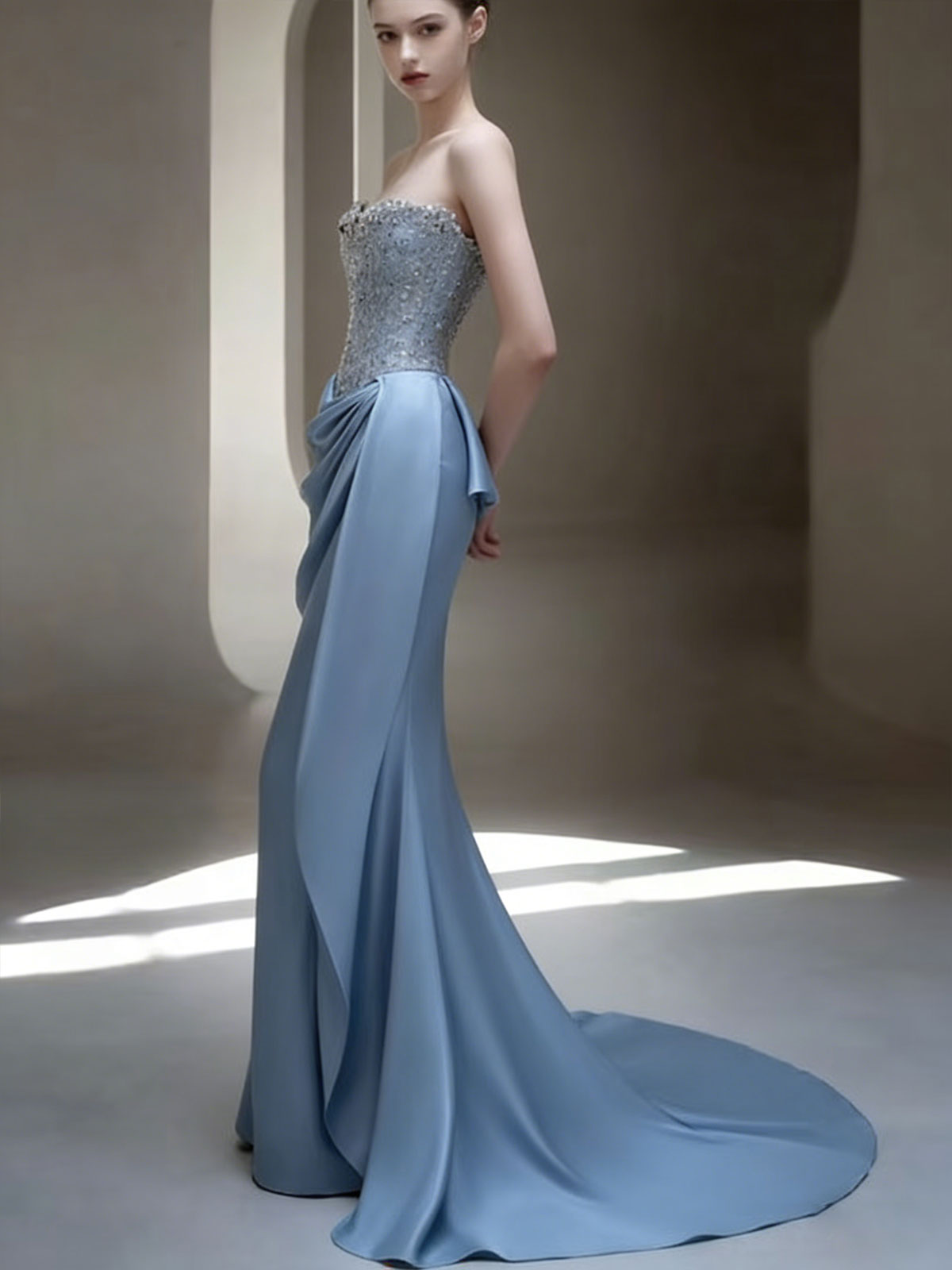 Dusty Blue Beaded Corset Satin Mermaid Evening Dress