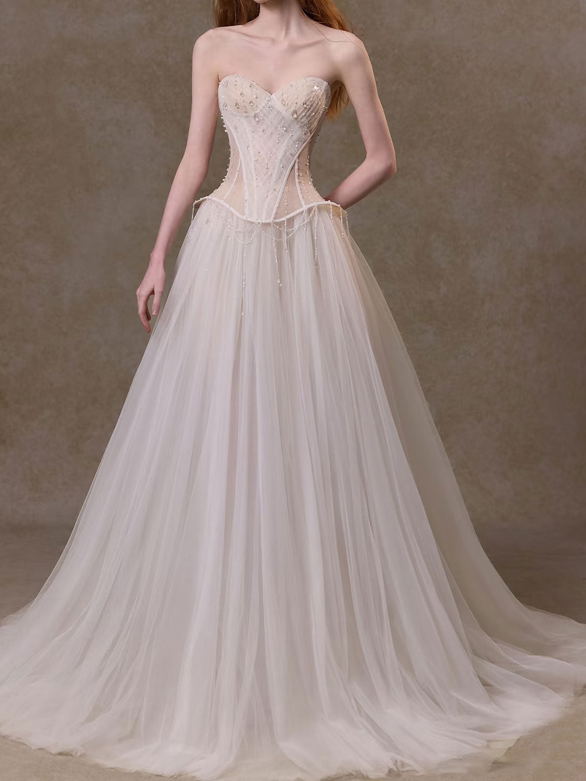 Vintage Corset Tulle Gown with Beaded Fringe & Sweetheart Neckline