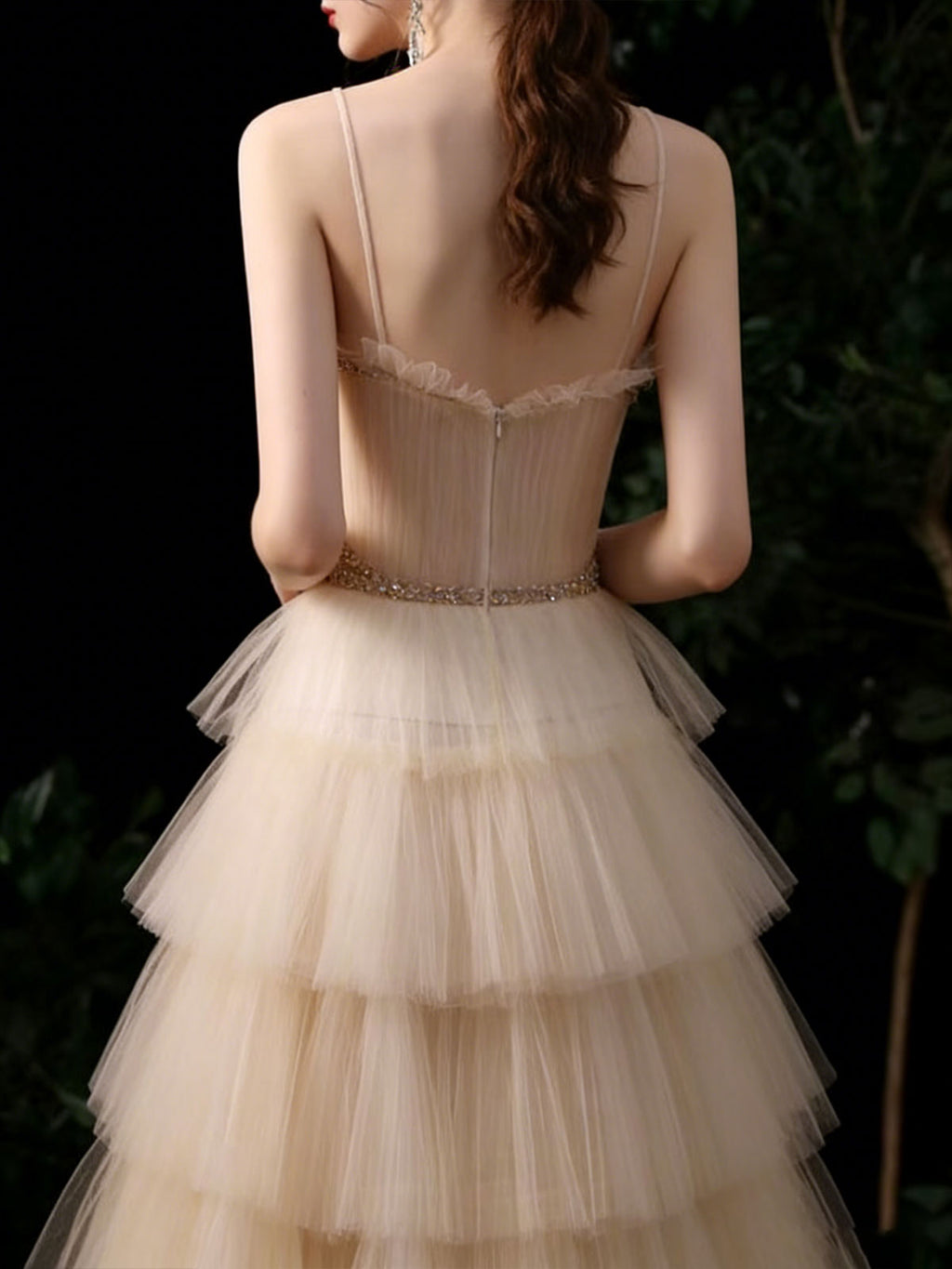 Champagne Gold Beaded Spaghetti Strap Tiered Tulle A-Line Prom Gown