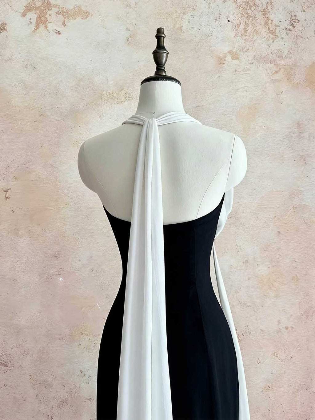 Black & White Draped Maxi Dress with Floral Detail
