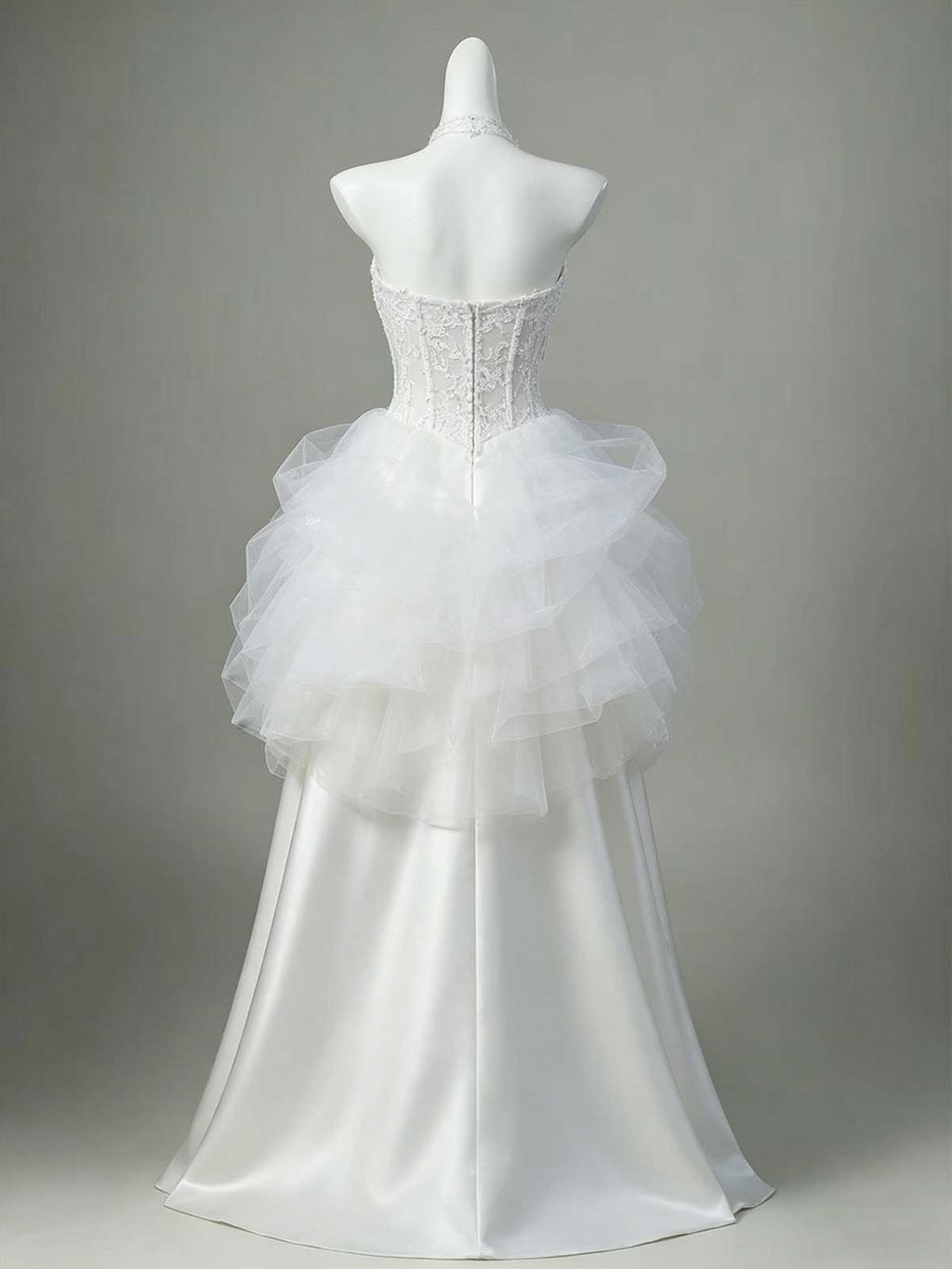 White Lace Corset Satin A-Line Wedding Dress with Tulle Peplum