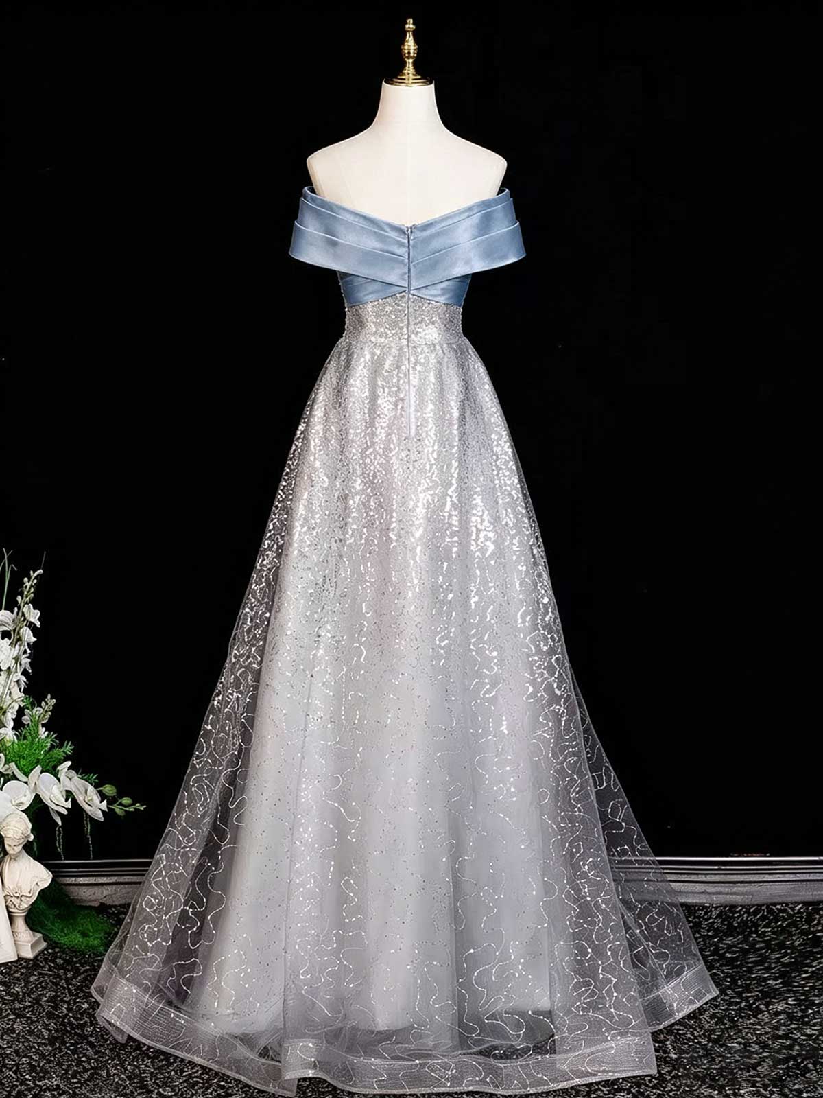 Silver Blue Off-the-Shoulder Satin & Sequin A-Line Prom Dress