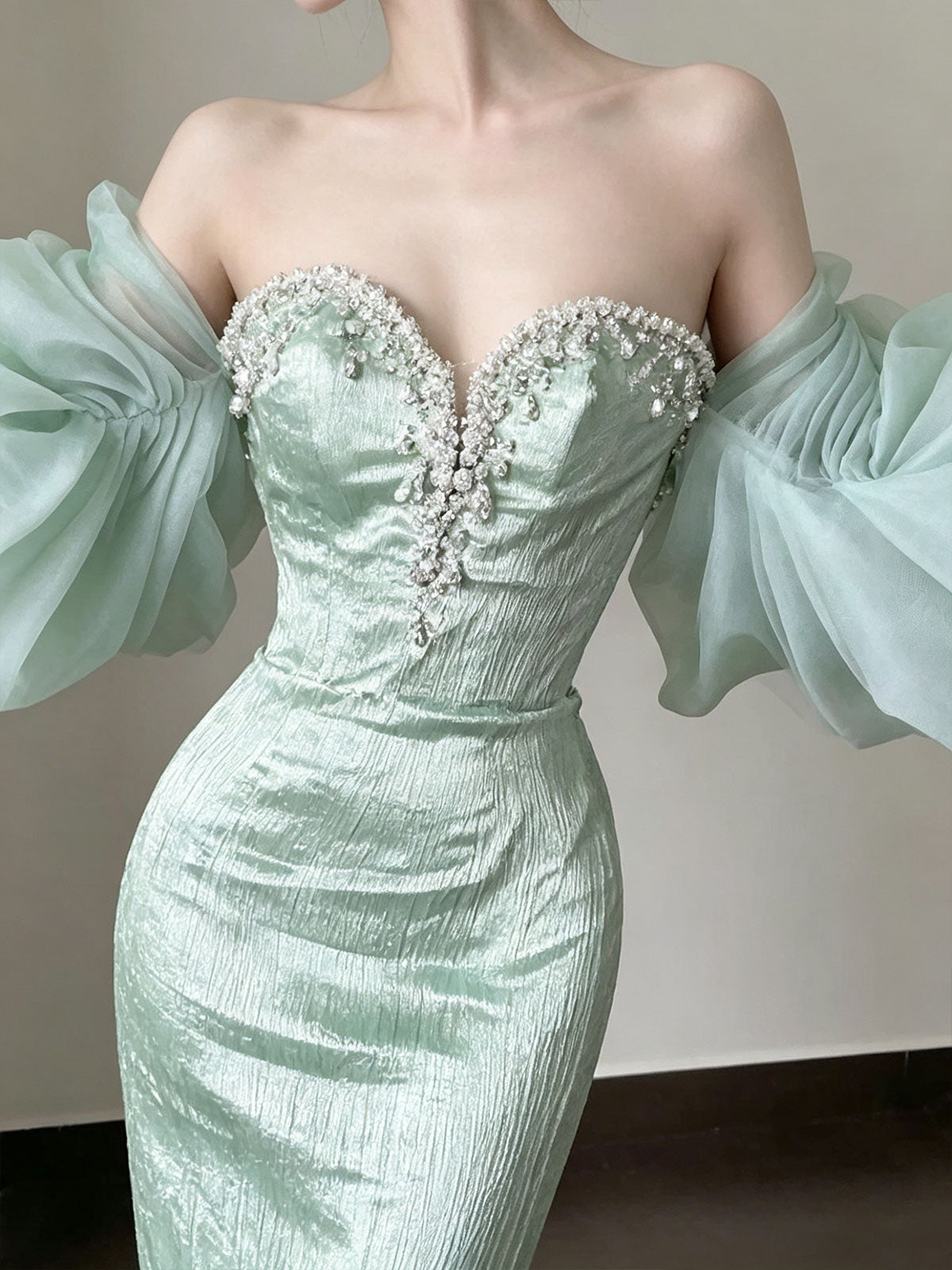 Mint Green Off Shoulder Pearl Sweetheart Mermaid Gown with Voluminous Organza Puff Sleeves
