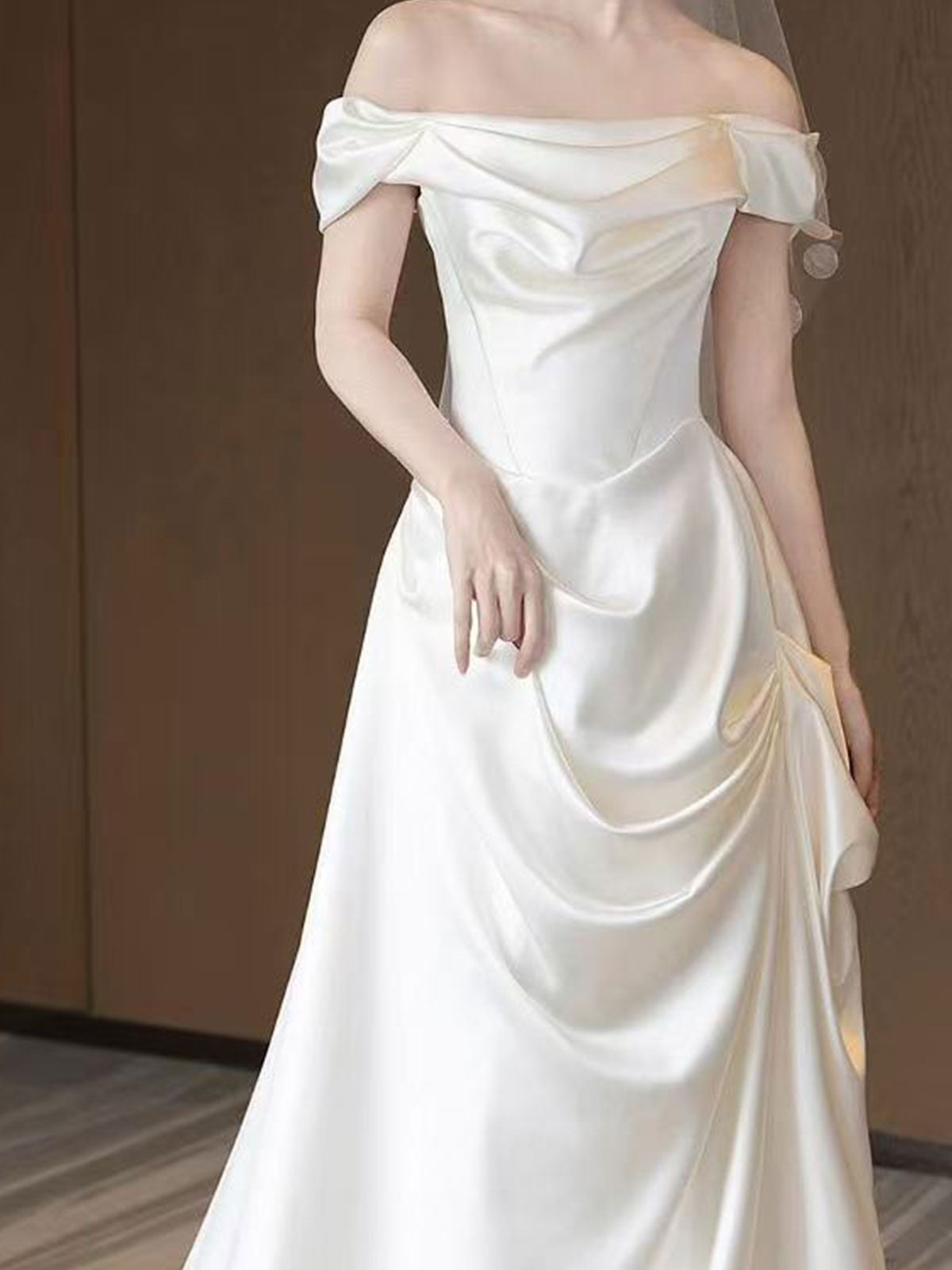 Ivory Satin Off-the-Shoulder A-Line Wedding Gown with Side Draping
