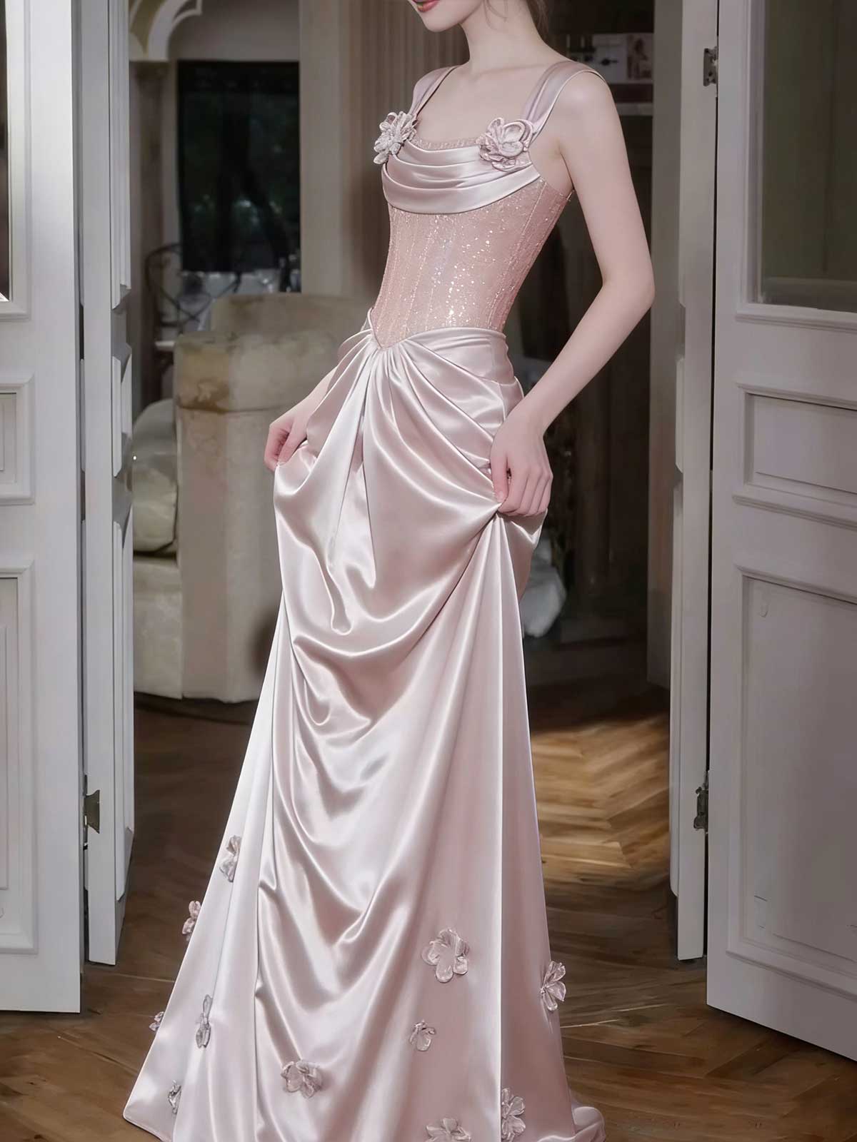 Elegant Blush Pink Satin Evening Gown with Floral Appliqués