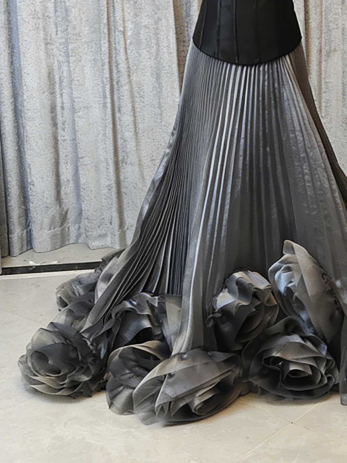 Luxury Gray Evening Gown with Beaded Corset & 3D Flower Train