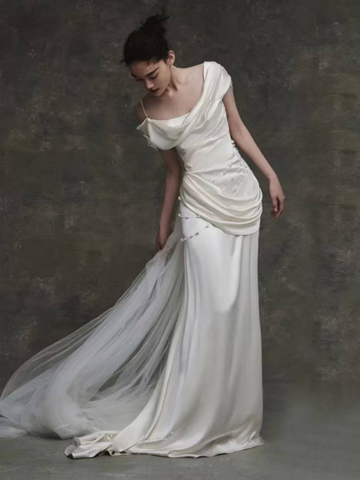 Asymmetric Draped Satin Pearl Embellished Mermaid Train Wedding Gown