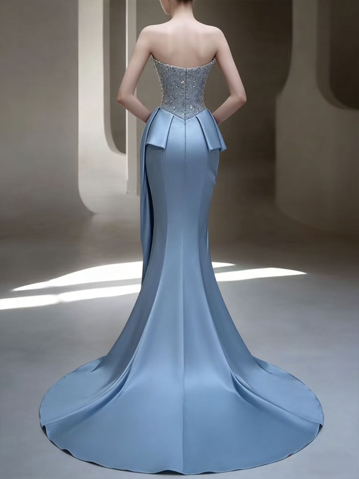 Dusty Blue Beaded Corset Satin Mermaid Evening Dress