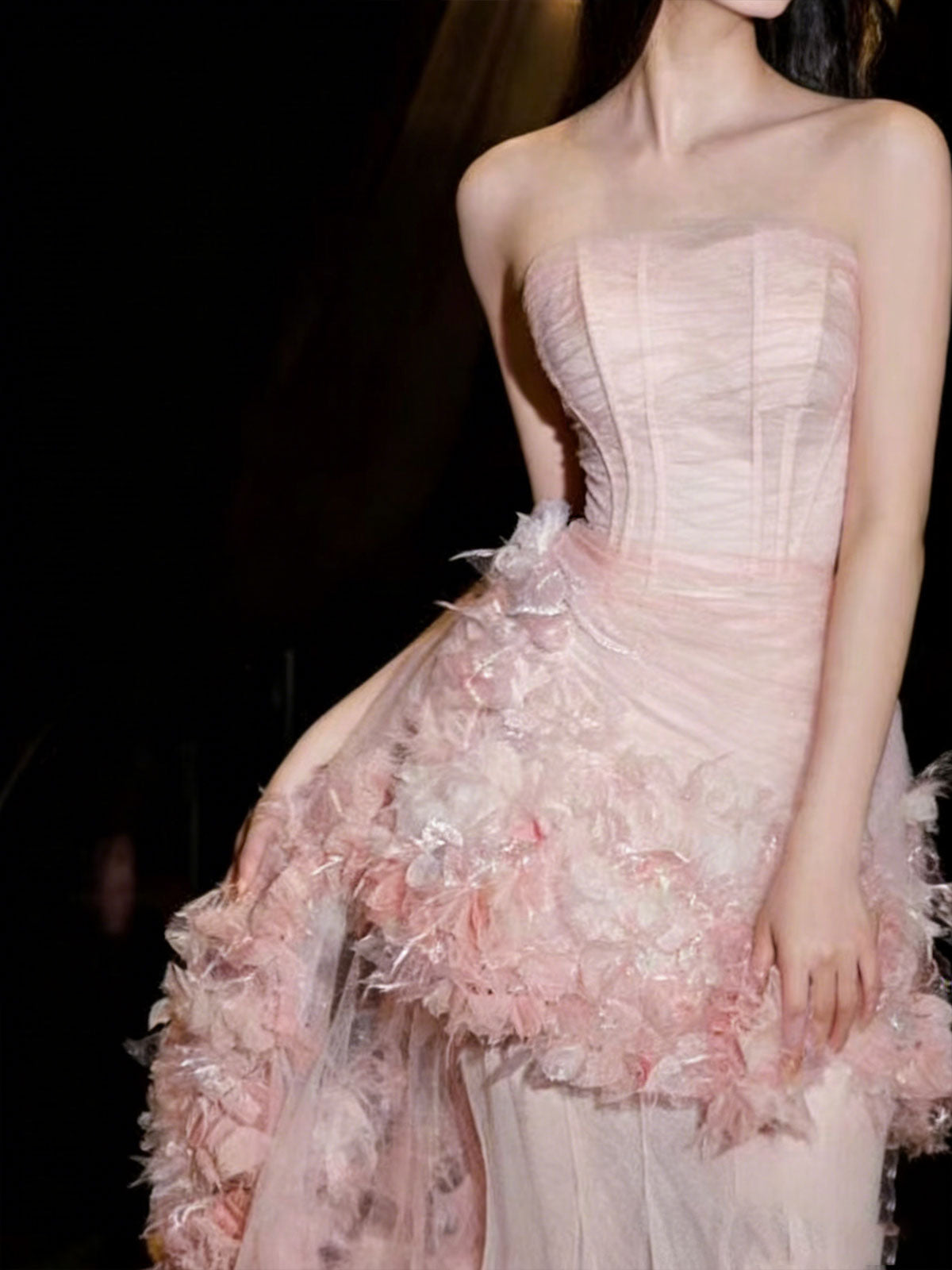 Blush Pink Strapless Gown with 3D Floral Appliqué & Sheer Tulle Skirt