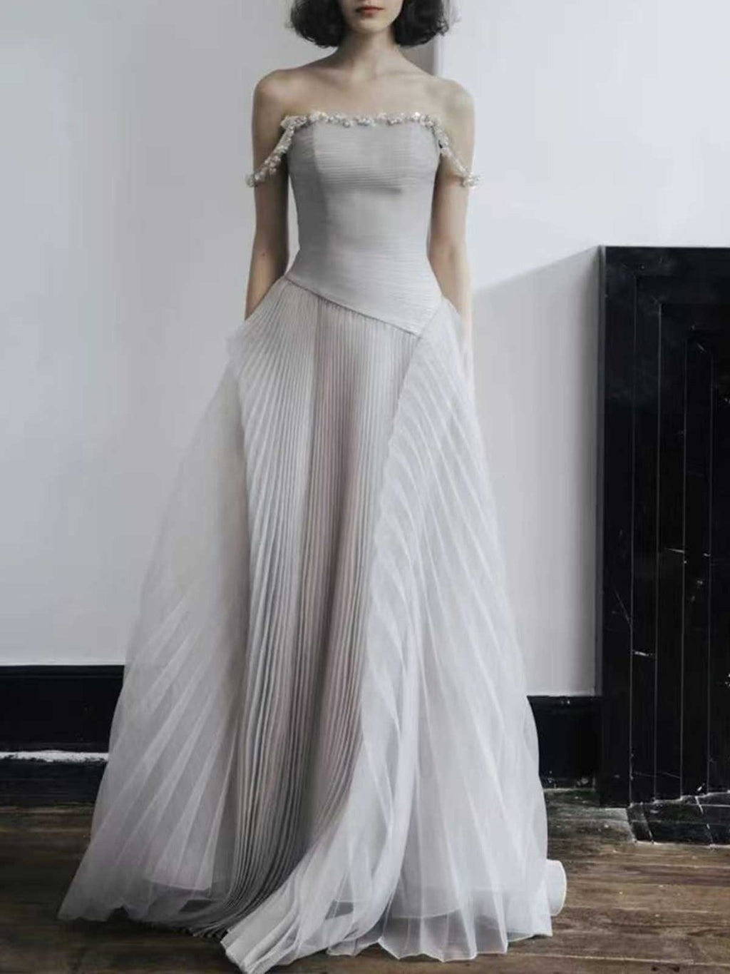 Light Gray Off-the-Shoulder Pleated Tulle Evening Gown with Beaded Neckline