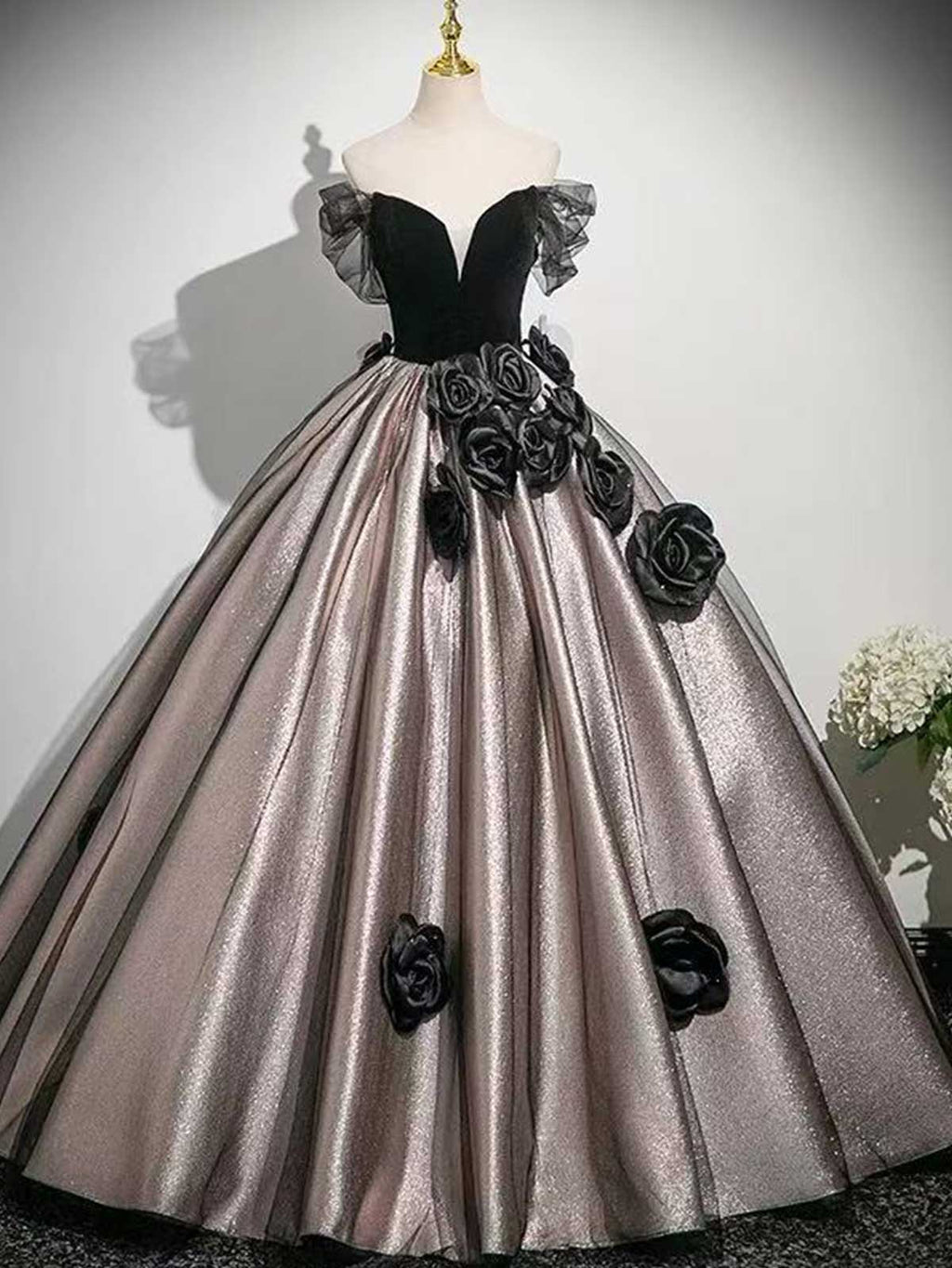 Black & Champagne Off-the-Shoulder Ball Gown with 3D Black Rose Appliqués