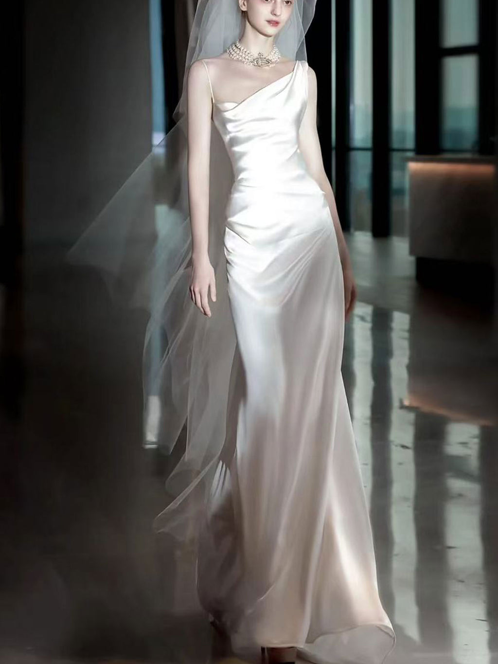 White Asymmetrical Spaghetti Strap Draped Satin Mermaid Wedding Dress Minimalist Bridal Gown