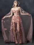 Blush Pink and Gold Strapless Corset Ball Gown with Floral Appliqués
