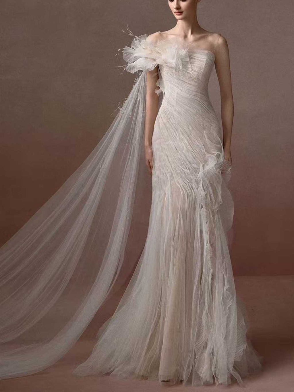 Ivory Tulle Feather One Shoulder Mermaid Wedding Dress with Cape Train