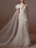 Ivory Tulle Feather One Shoulder Mermaid Wedding Dress with Cape Train