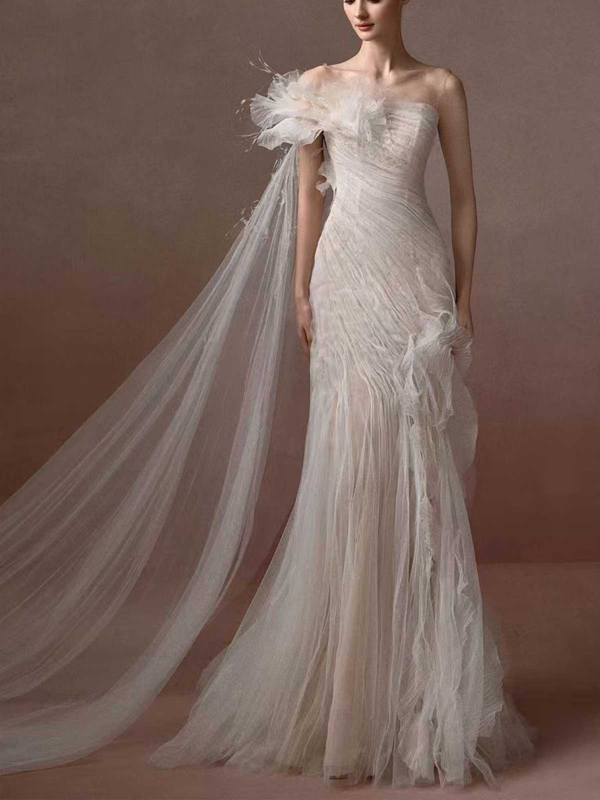 Ivory Tulle Feather One Shoulder Mermaid Wedding Dress with Cape Train