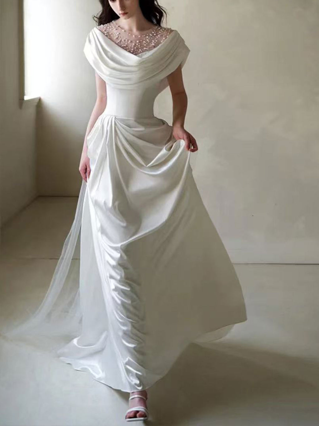 Ivory Satin Off-the-Shoulder Beaded Tulle A-Line Wedding Dress