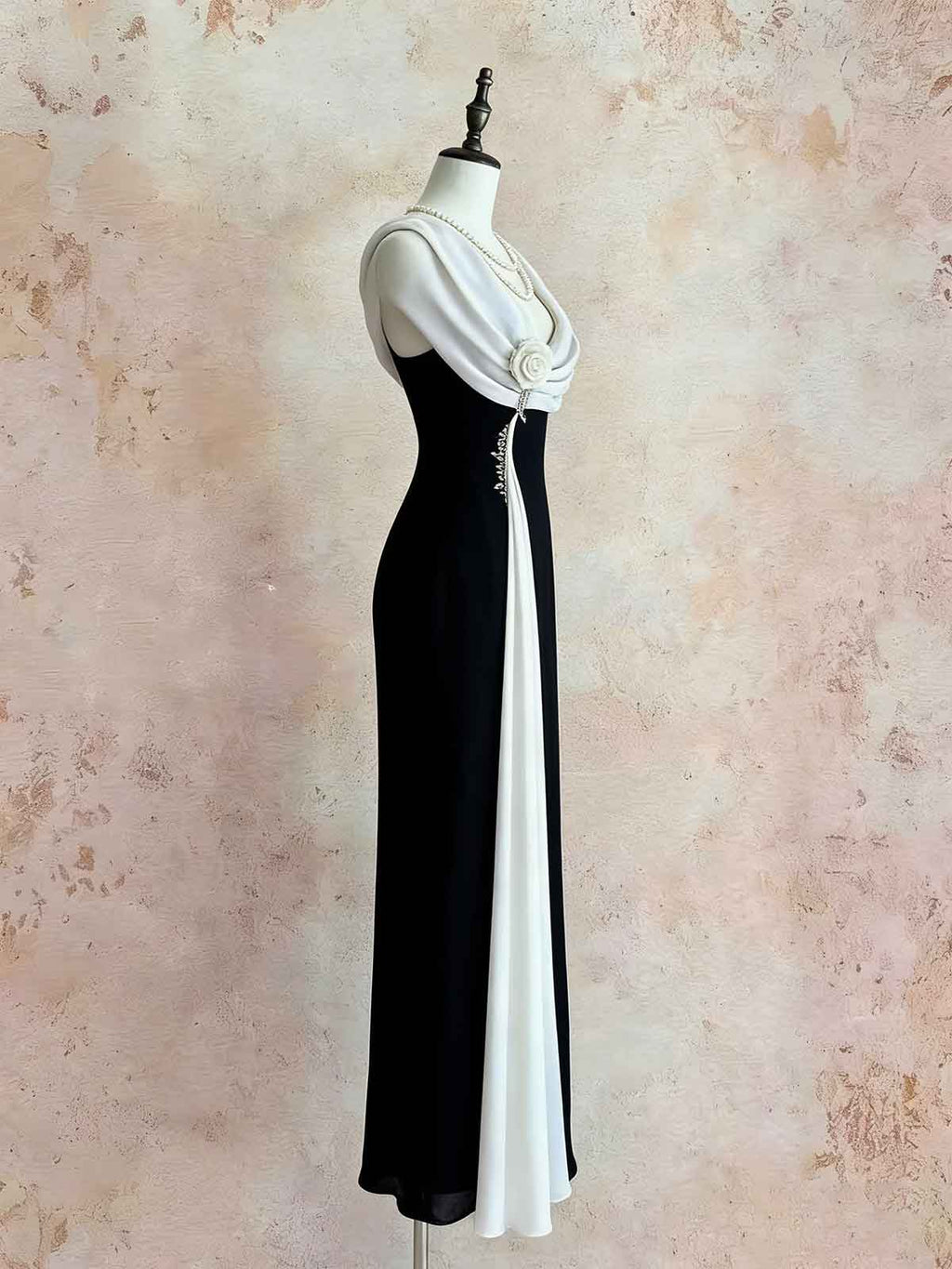 Black & White Draped Maxi Dress with Floral Detail