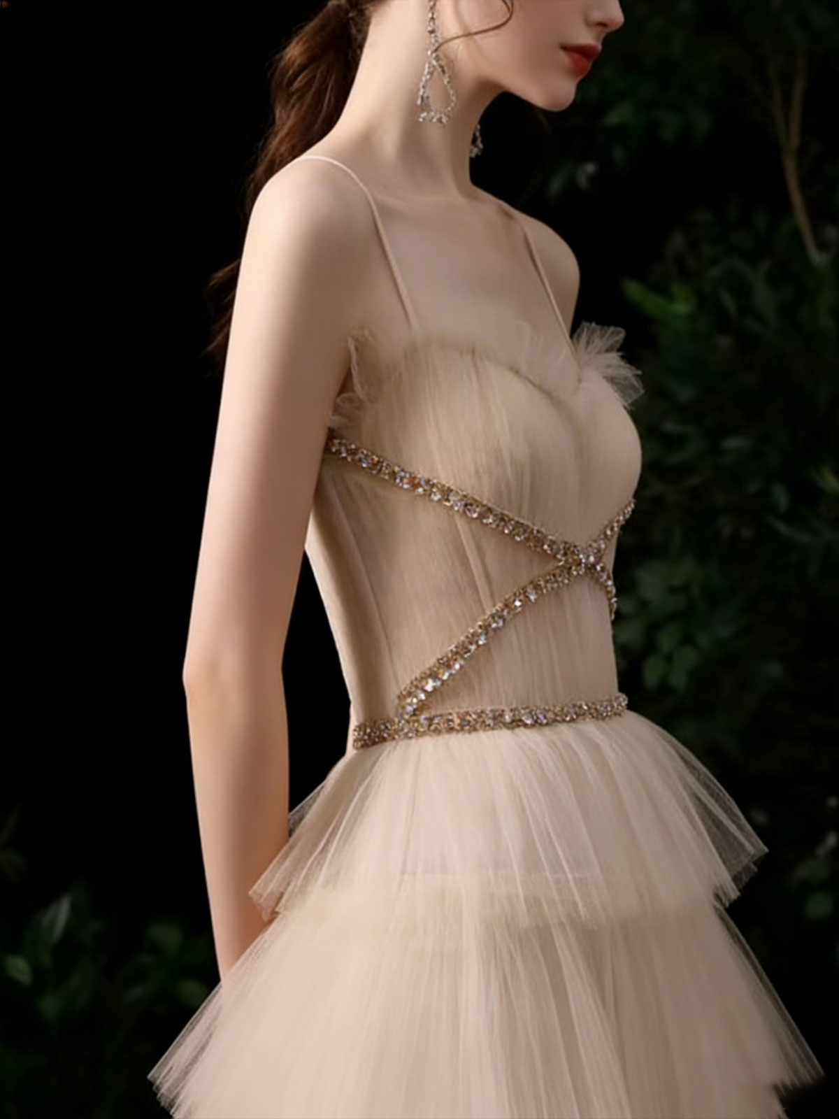 Champagne Gold Beaded Spaghetti Strap Tiered Tulle A-Line Prom Gown