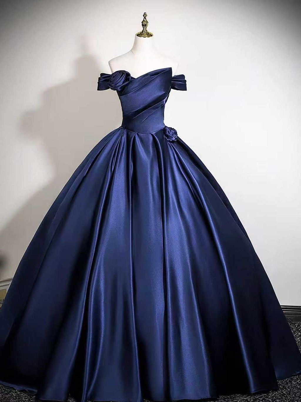 Navy Blue Off-the-Shoulder Satin Ball Gown with Voluminous Skirt
