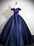 Navy Blue Off-the-Shoulder Satin Ball Gown with Voluminous Skirt