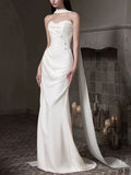 Ivory Satin Strapless Mermaid Wedding Dress with Detachable Cape Veil