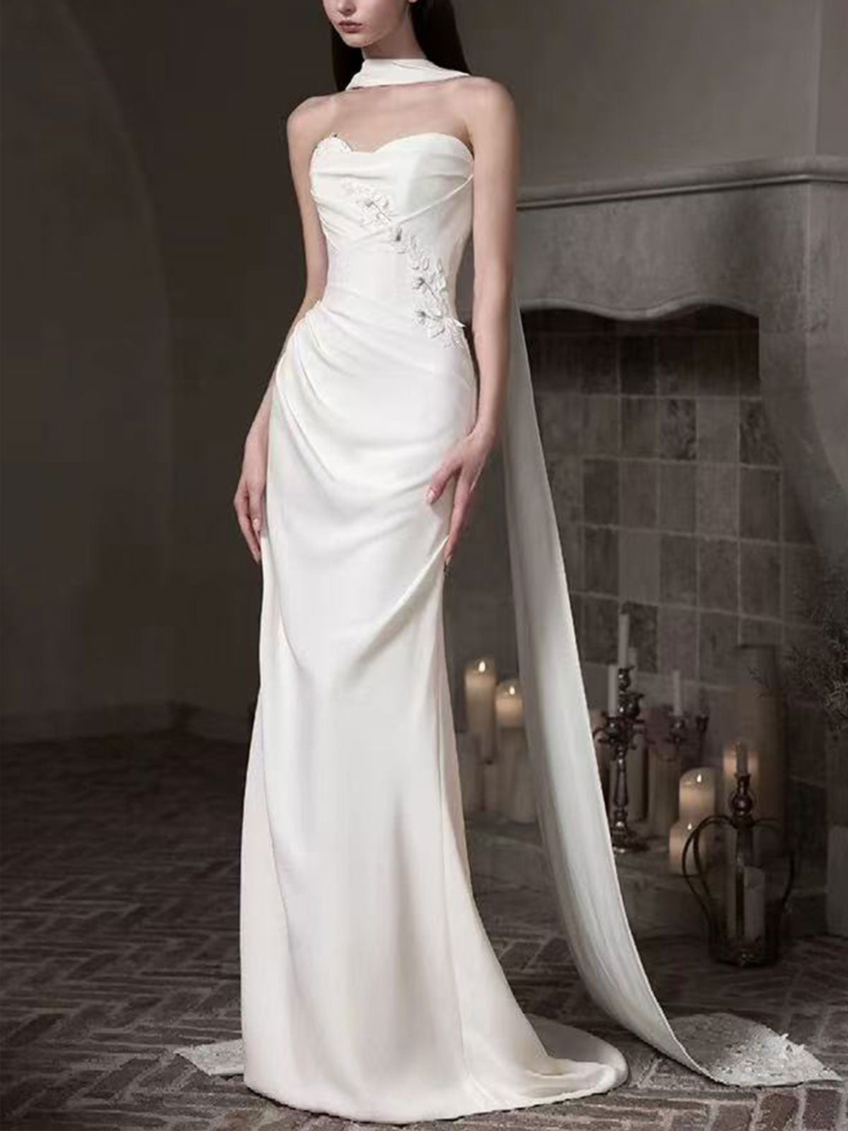Ivory Satin Strapless Mermaid Wedding Dress with Detachable Cape Veil