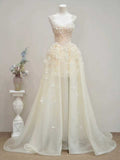 Ivory Beaded 3D Floral Spaghetti Strap A-Line Wedding Dress with Train