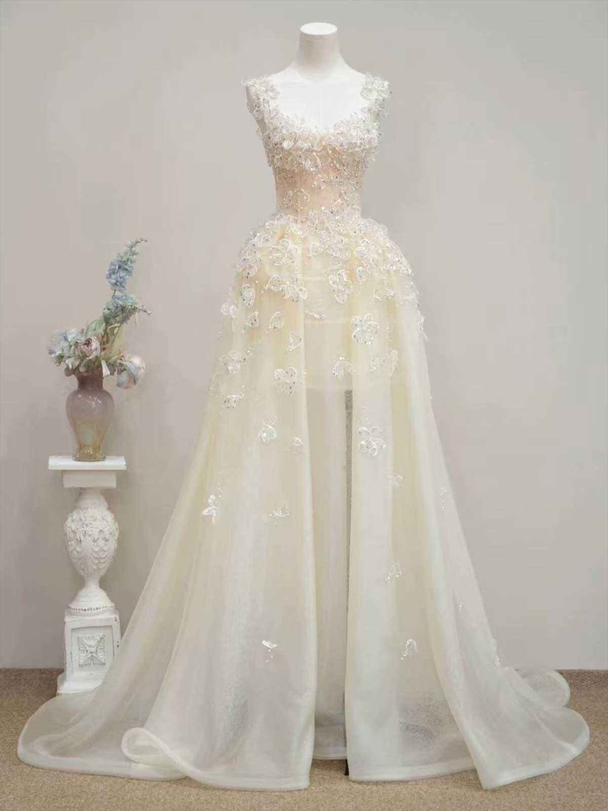 Ivory Beaded 3D Floral Spaghetti Strap A-Line Wedding Dress with Train