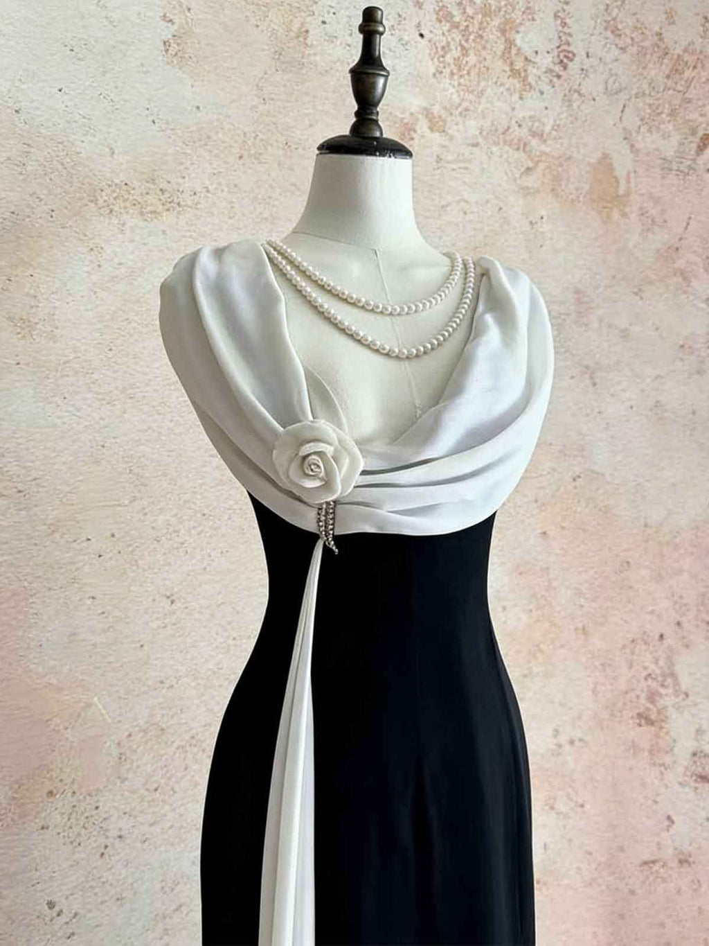 Black & White Draped Maxi Dress with Floral Detail