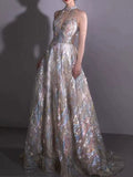 Halter Chain Fringe Iridescent Feather Sequin A-Line Evening Gown Floor Length Formal Dress