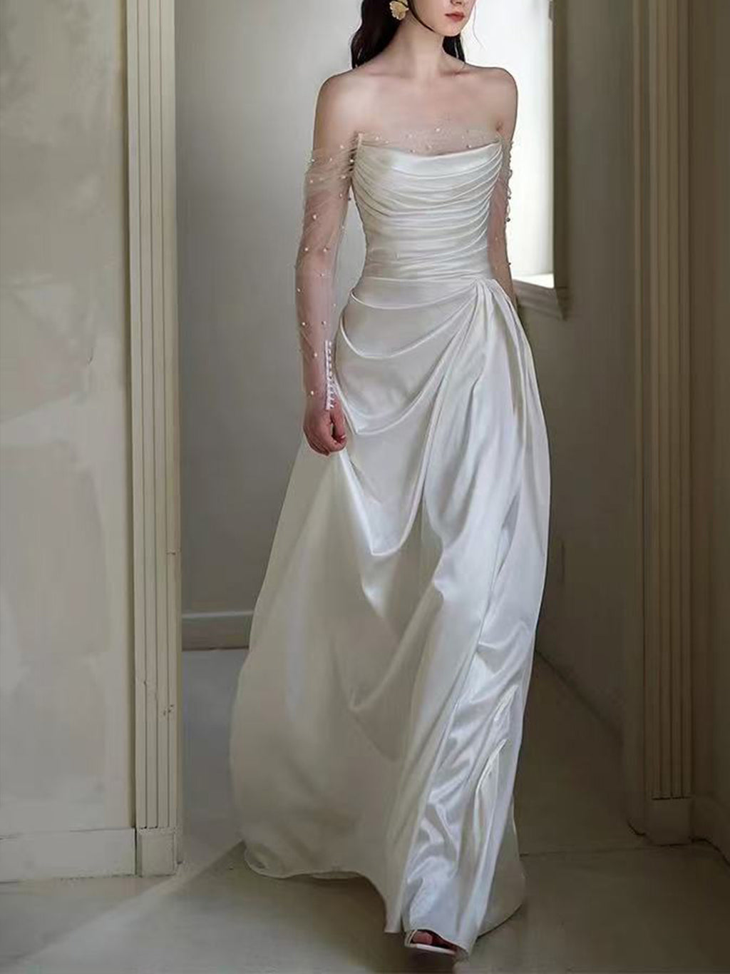 Strapless Ruched Satin Pearl Tulle Sleeve A-Line Wedding Gown