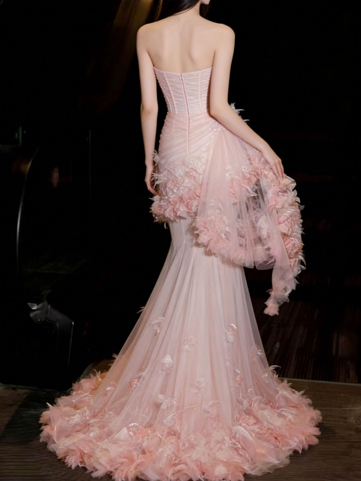 Blush Pink Strapless Gown with 3D Floral Appliqué & Sheer Tulle Skirt