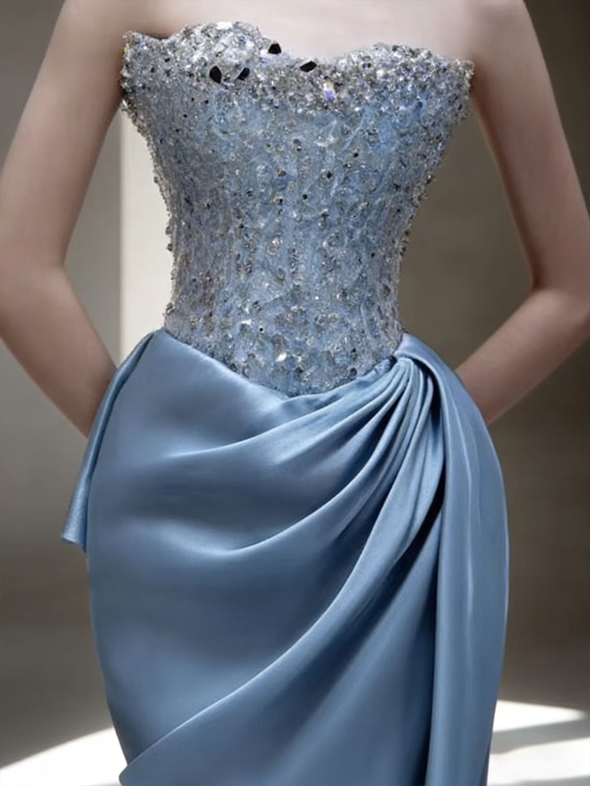 Dusty Blue Beaded Corset Satin Mermaid Evening Dress