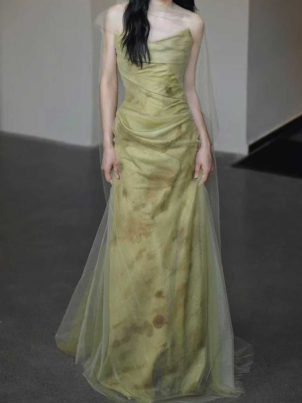 Sage Green Strapless Watercolor Print Satin Mermaid Evening Gown