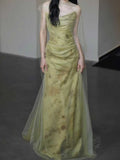 Sage Green Strapless Watercolor Print Satin Mermaid Evening Gown