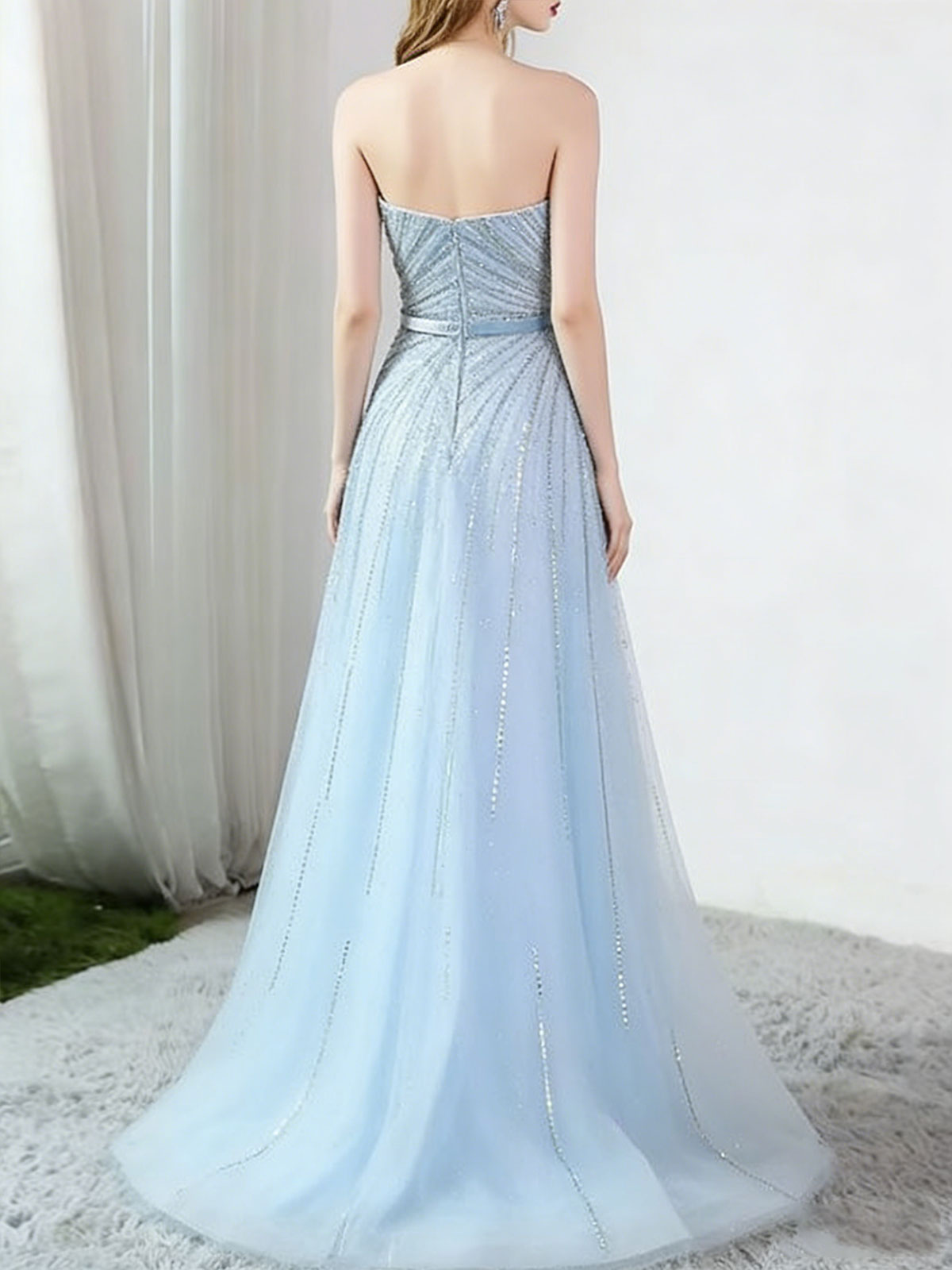 Ice Blue Crystal Beaded Strapless A-Line Evening Gown with Vertical Rhinestone Detailing