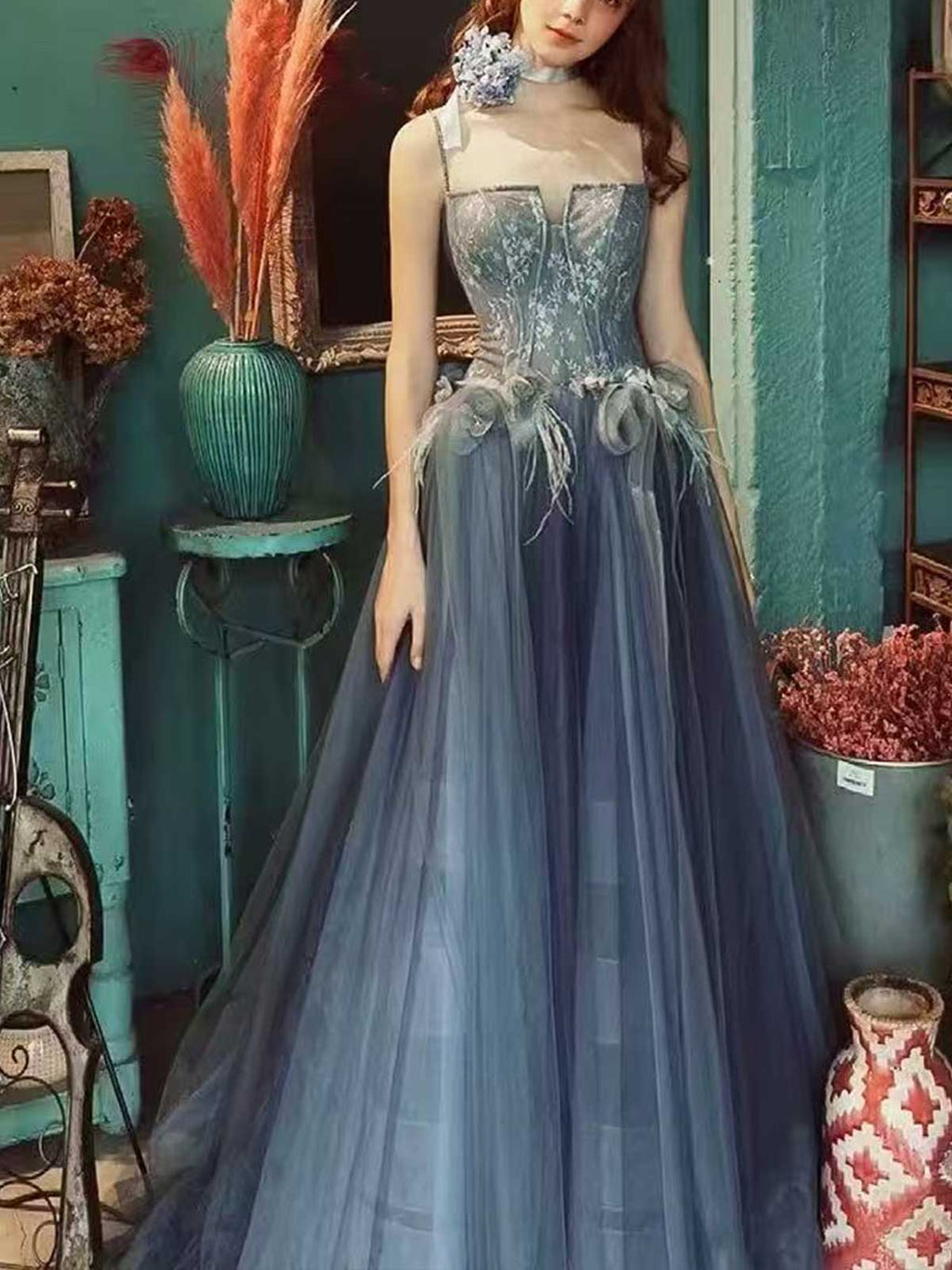 Slate Blue Corset Tulle Prom Dress with Floral Lace Bodice & Feather Appliqués