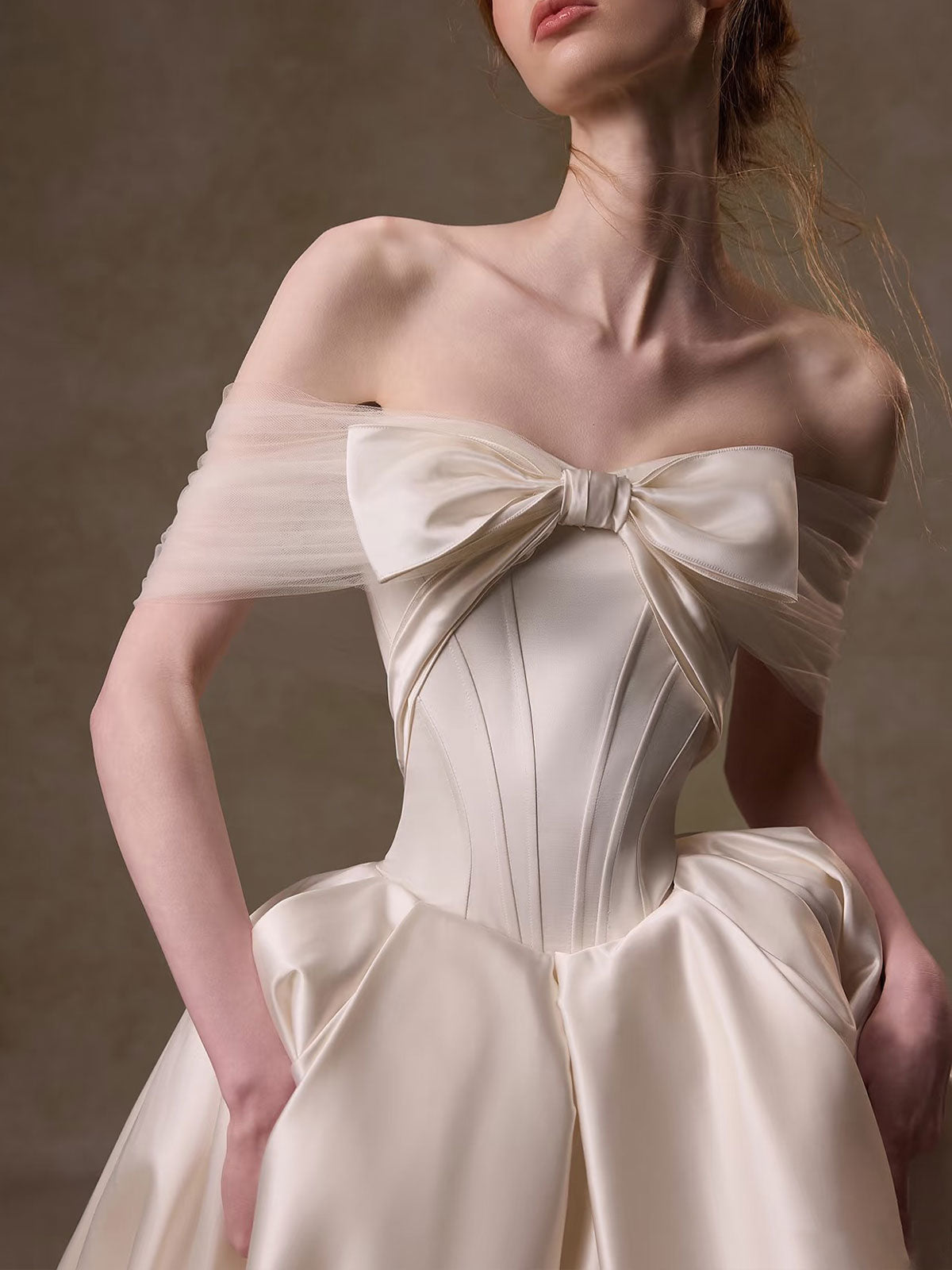 Ivory Oversized Bow Strapless Satin Ball Gown Wedding Dress