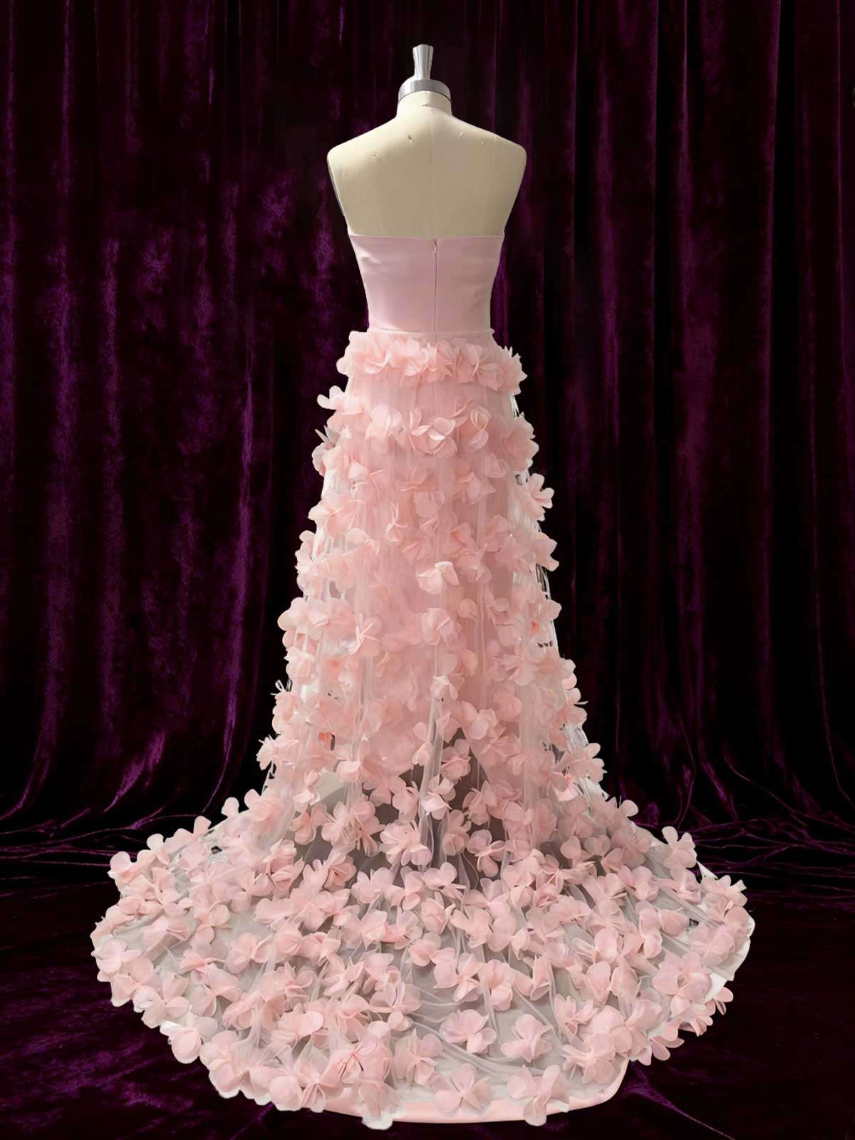 Luxury Pink Satin Formal Gown with 3D Floral Train for Special Occasions