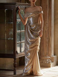 Champagne Gold Off-the-Shoulder Satin High Slit Mermaid Evening Gown