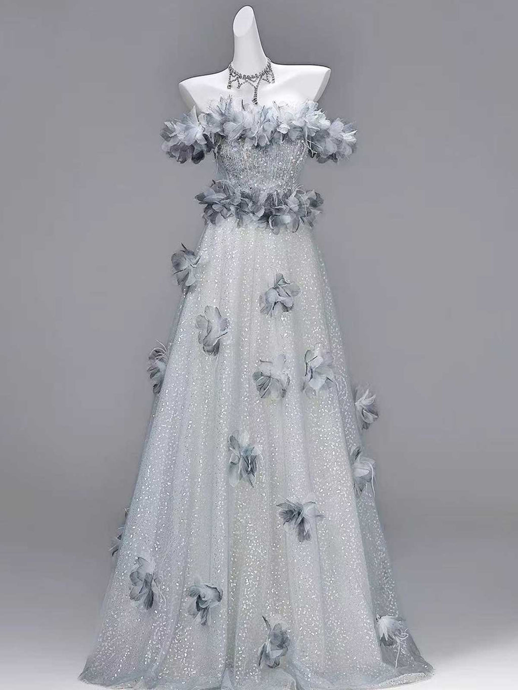 Dusty Blue Off-the-Shoulder Floral Applique Tulle Evening Gown