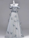 Dusty Blue Off-the-Shoulder Floral Applique Tulle Evening Gown