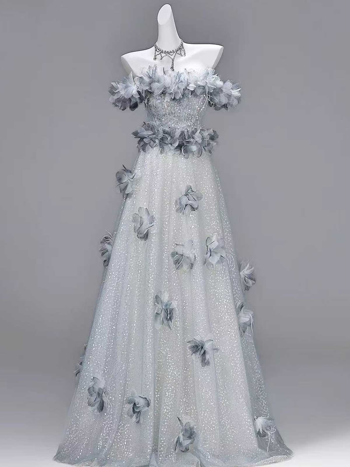 Dusty Blue Off-the-Shoulder Floral Applique Tulle Evening Gown
