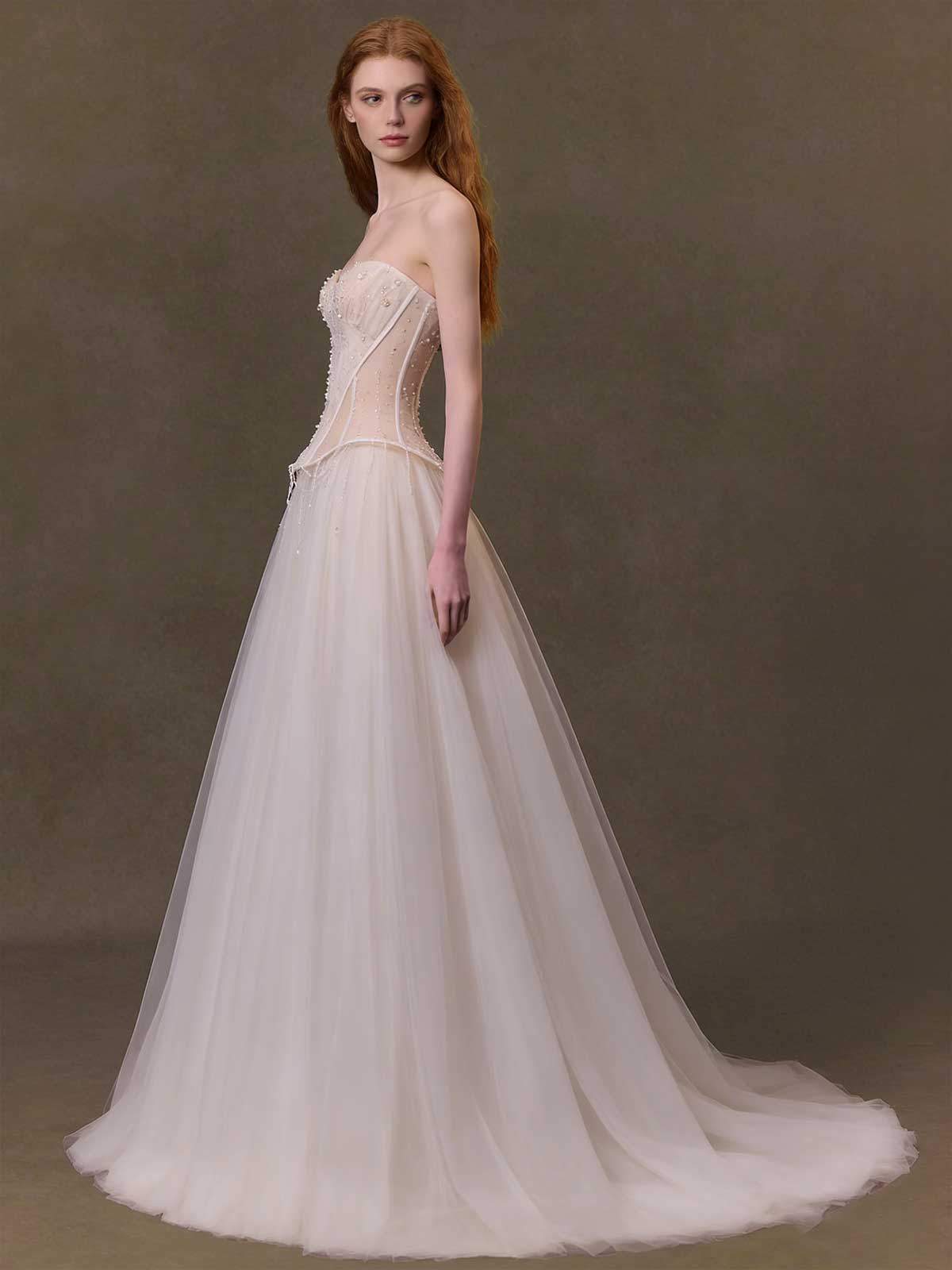 Vintage Corset Tulle Gown with Beaded Fringe & Sweetheart Neckline