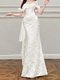 Off Shoulder Fold Satin Lace Mermaid Evening Gown
