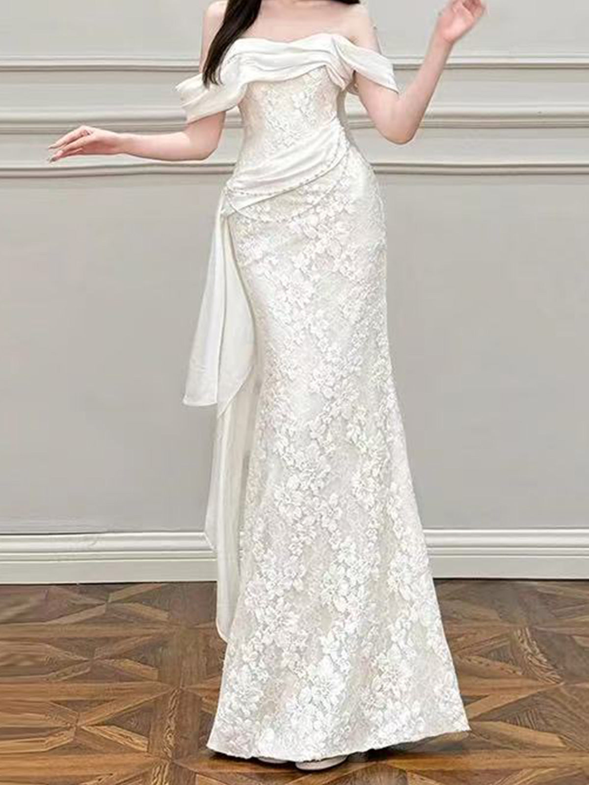 Off Shoulder Fold Satin Lace Mermaid Evening Gown
